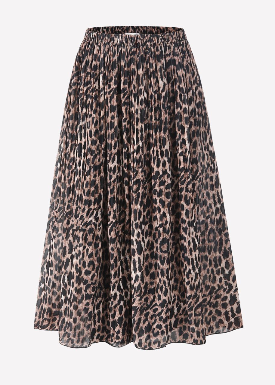 Long pleated chiffon skirt with leopard print in brown