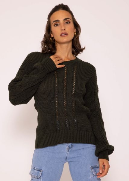Round neck sweater with cable knit, dark green