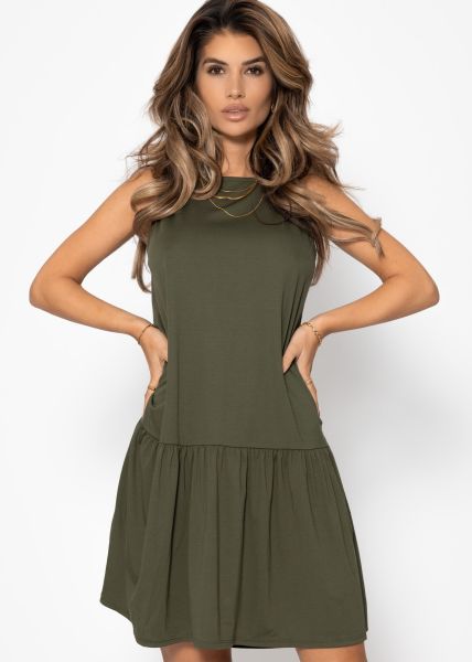 Sleeveless dress with flounce - khaki