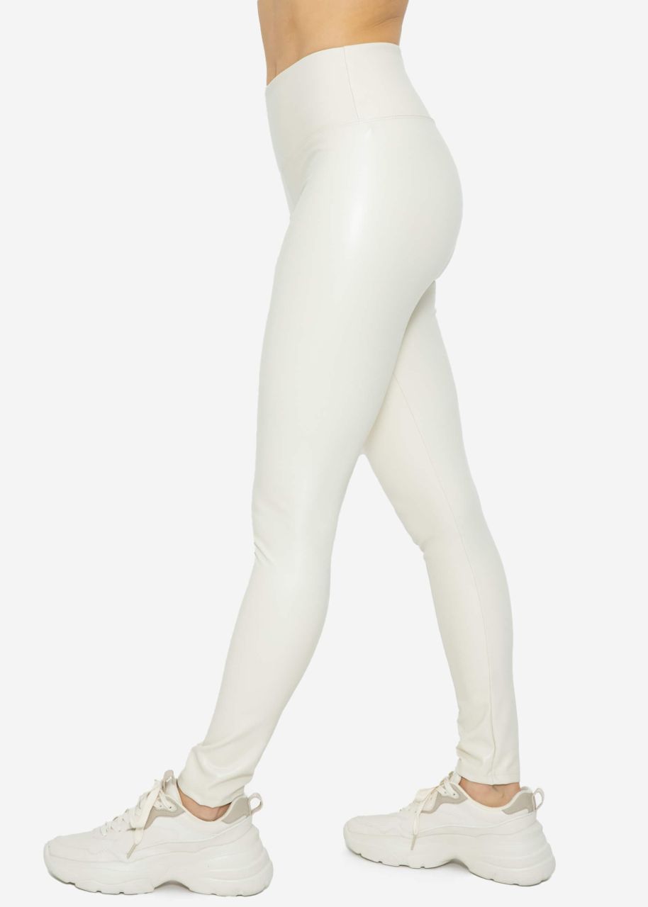 High-rise thermal leather leggings with wide waistband - offwhite