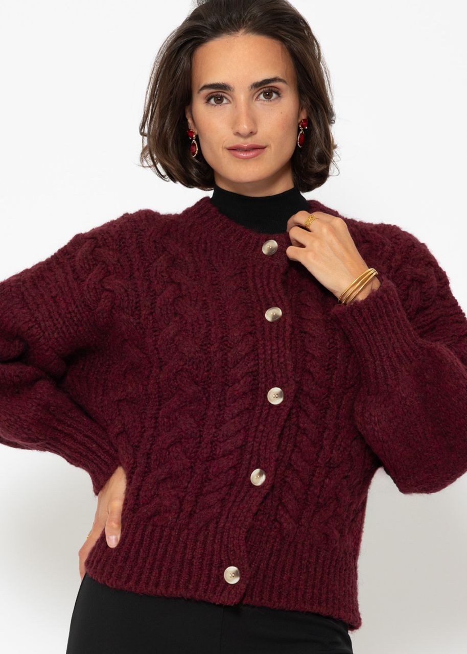 Super fluffy cardigan with cable knit pattern - burgundy