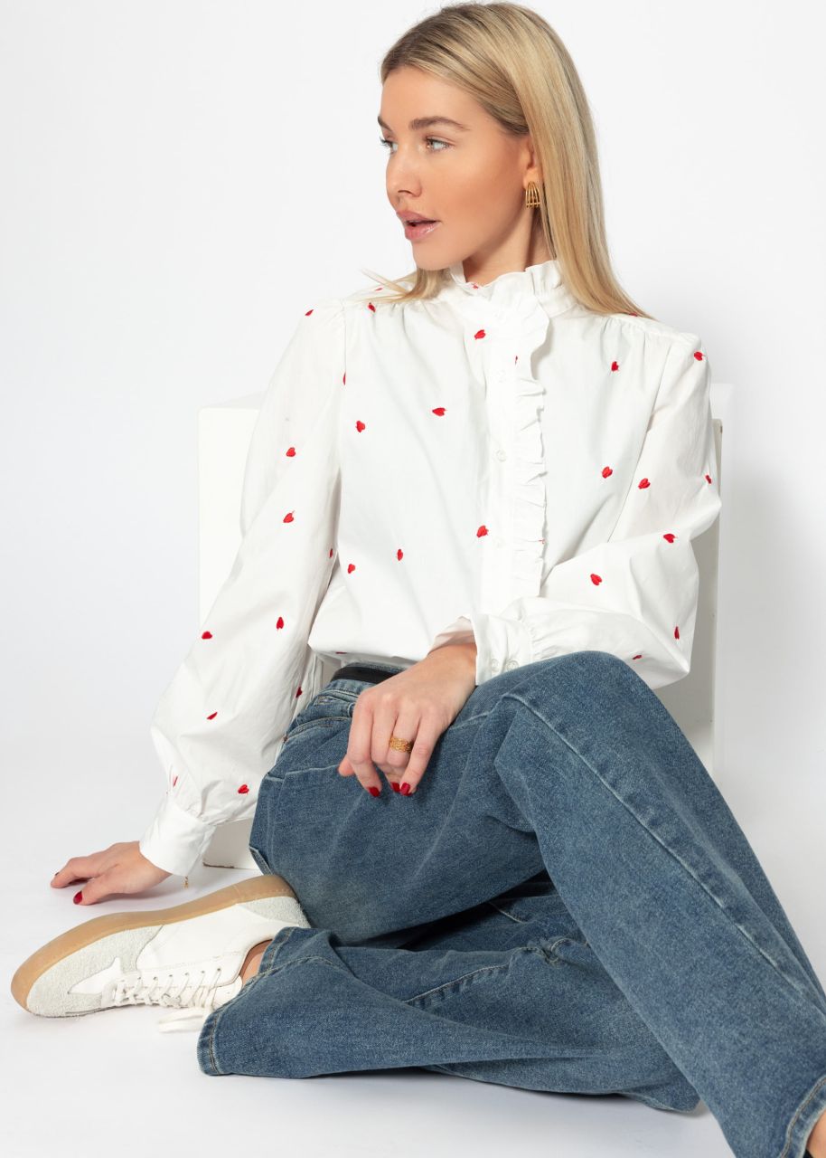 Blouse with red heart embroidery - white