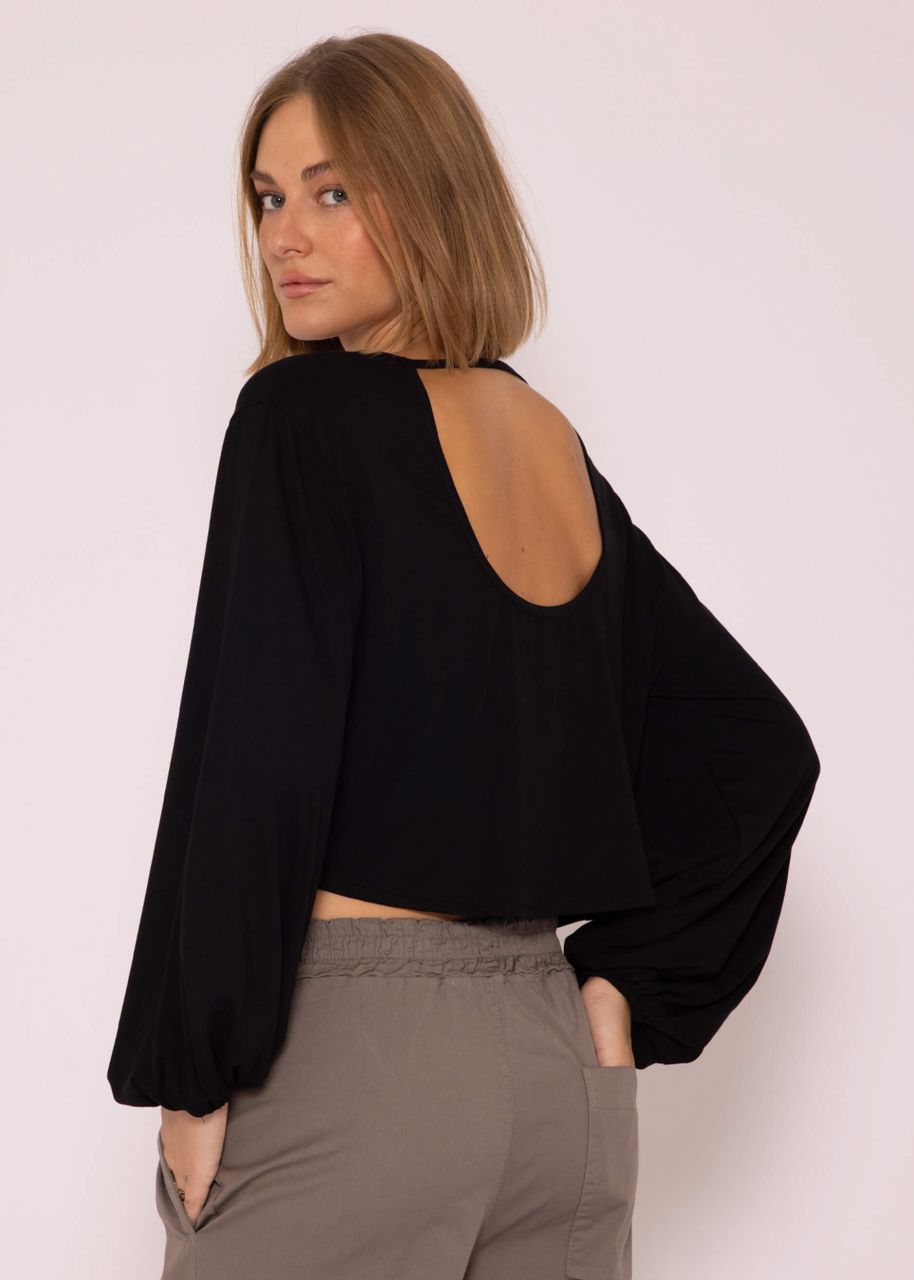 Long-sleeved shirt in jersey with back cut-out, black