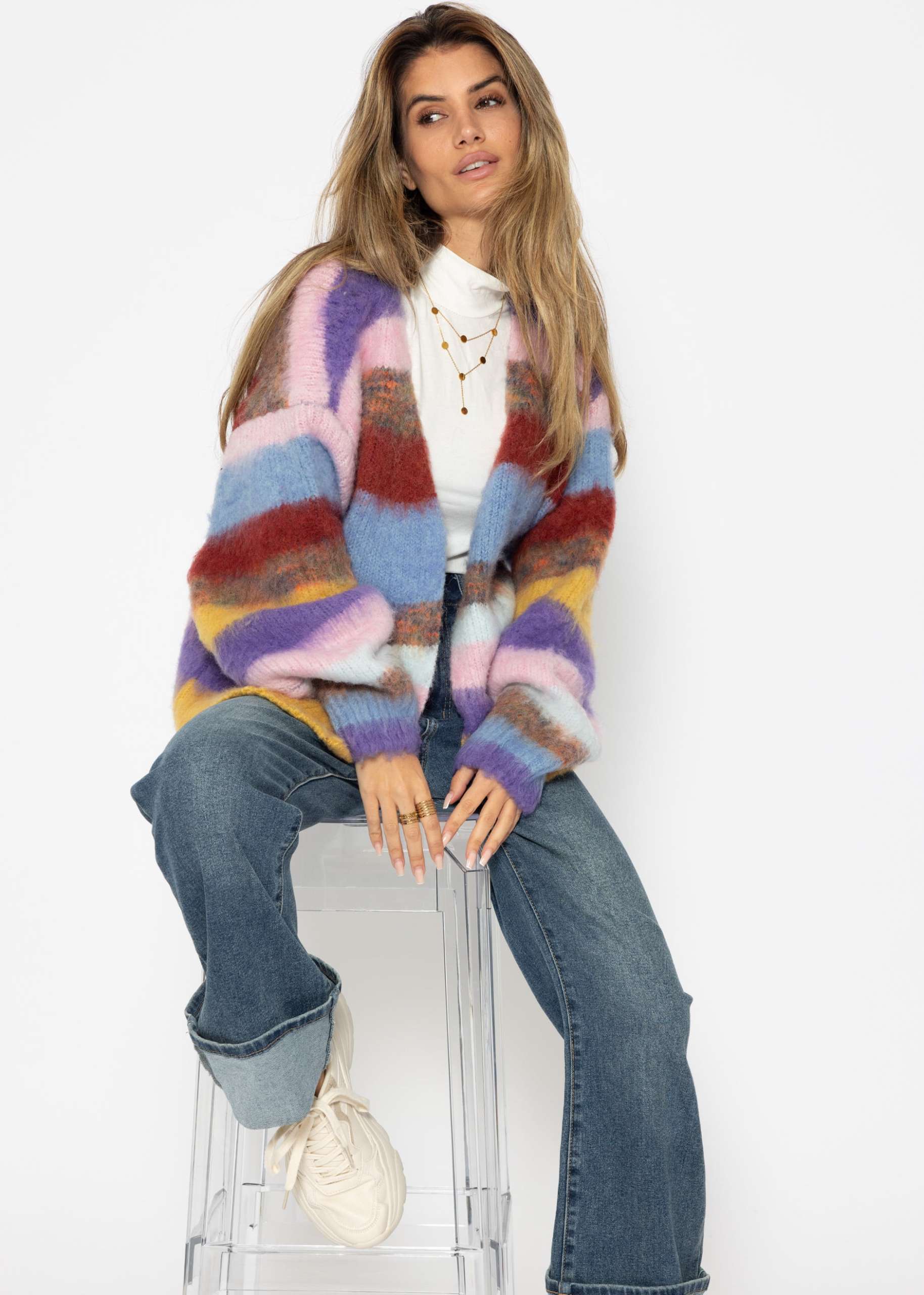 Fluffy cardigan with stripes - multicolor