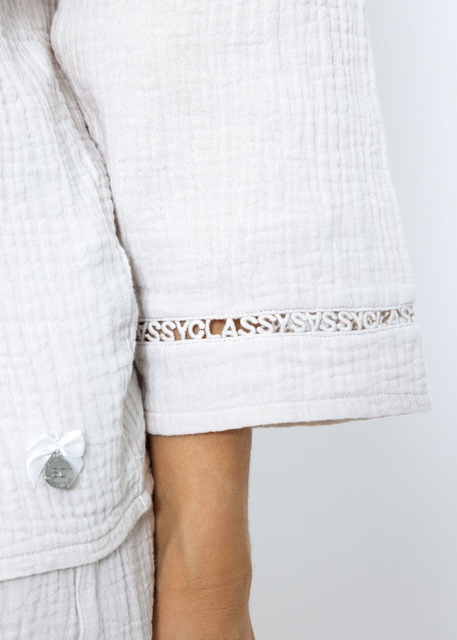Muslin pyjama blouse with lace trim - light beige
