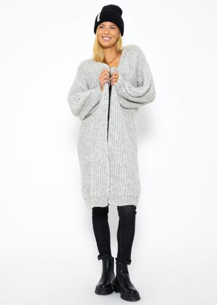 Ribbed, long cardigan with balloon sleeves - light grey