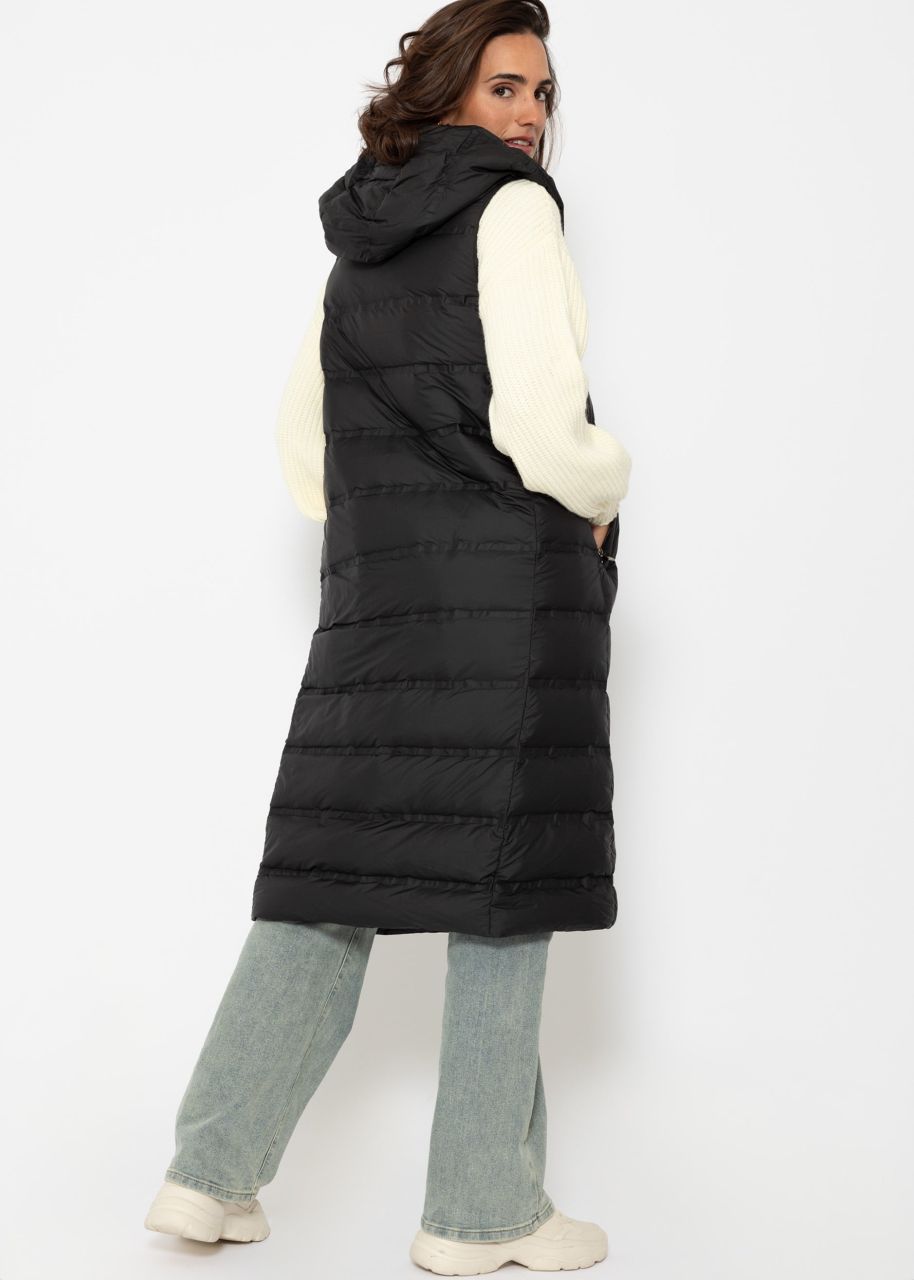 Long quilted waistcoat with hood - black