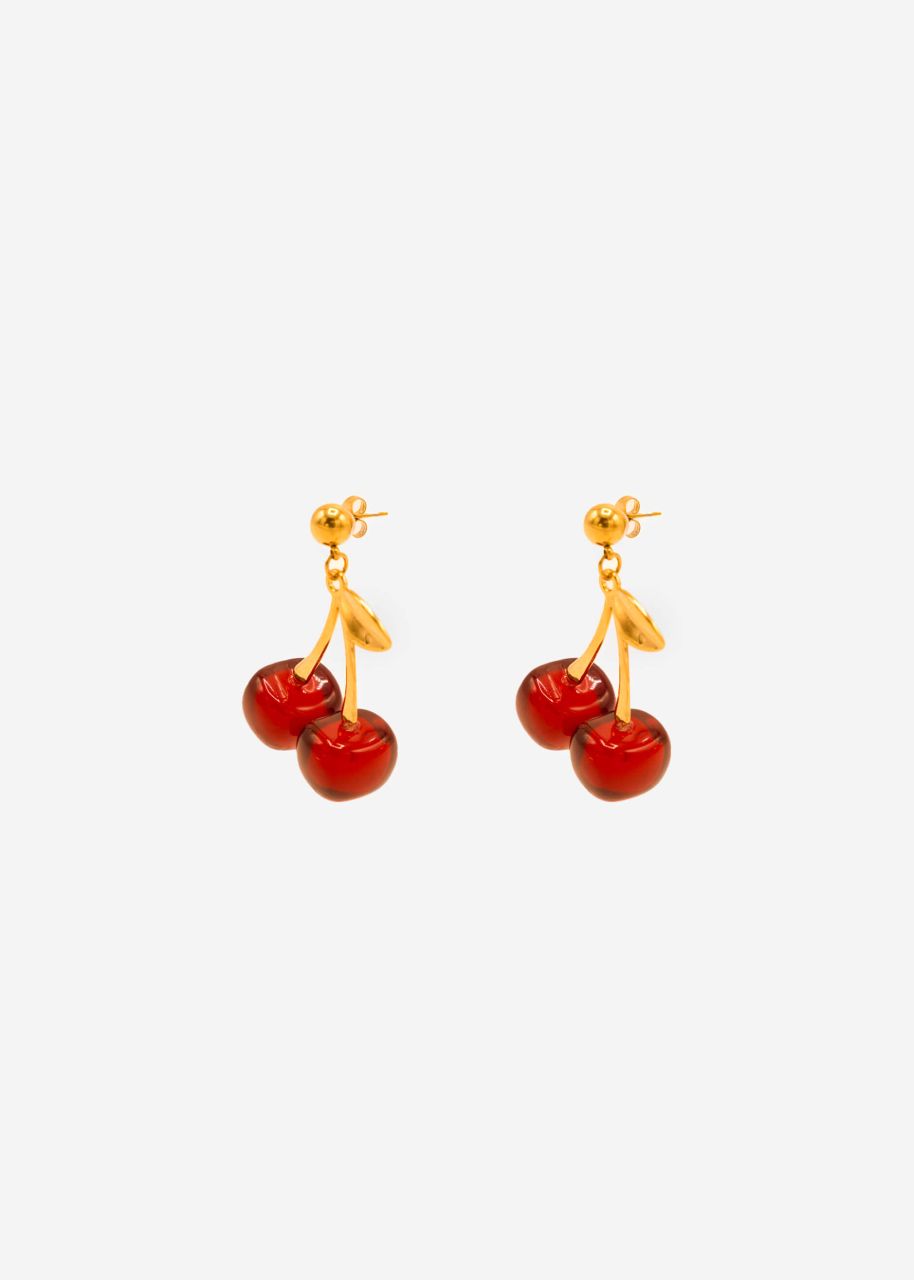 Stud earrings with cherry pendant - red