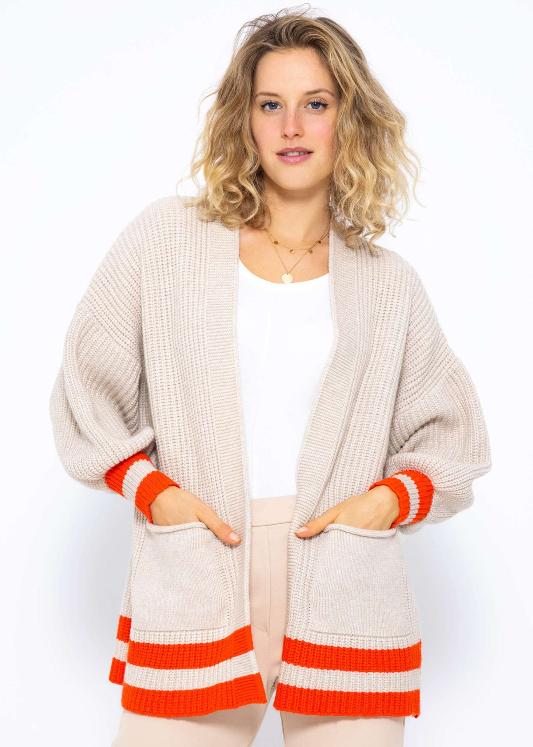 Soft knit cardigan with pockets - beige-orange