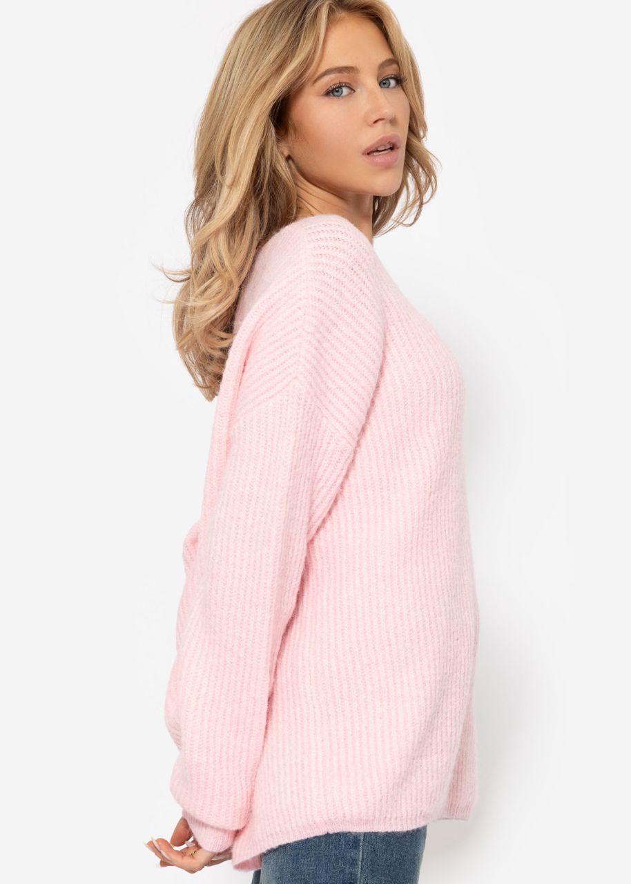 Ribbed jumper with V-neck - pink