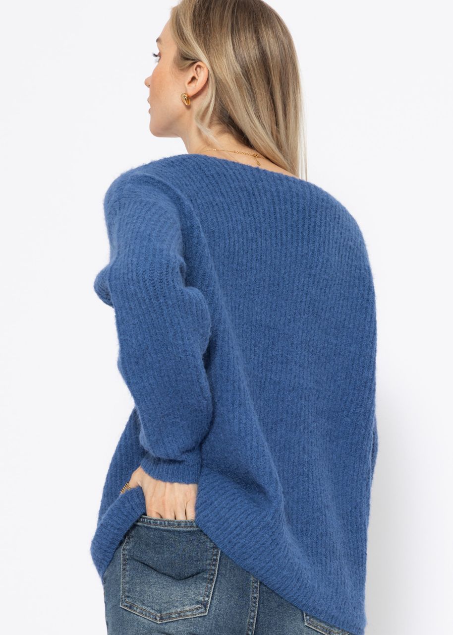 Ribbed jumper with V-neck - blue