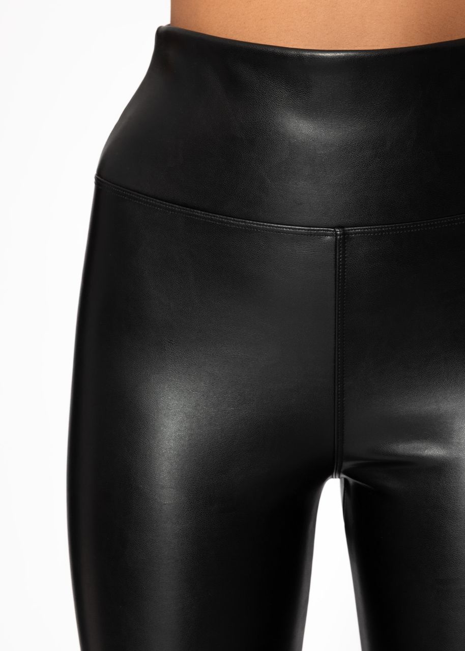 High-rise leather leggings with a wide waistband - black