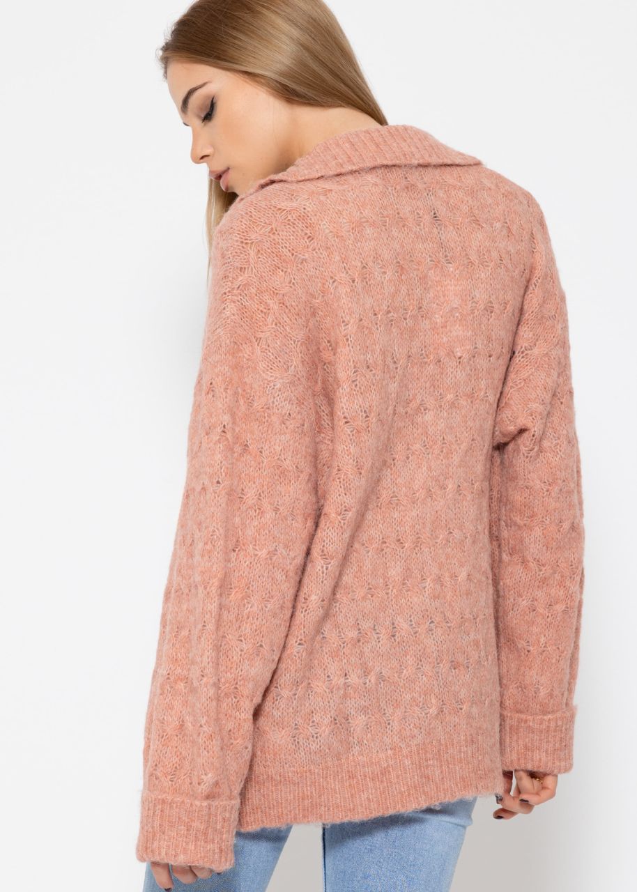 Fluffy cable-knit cardigan with collar - dusky pink