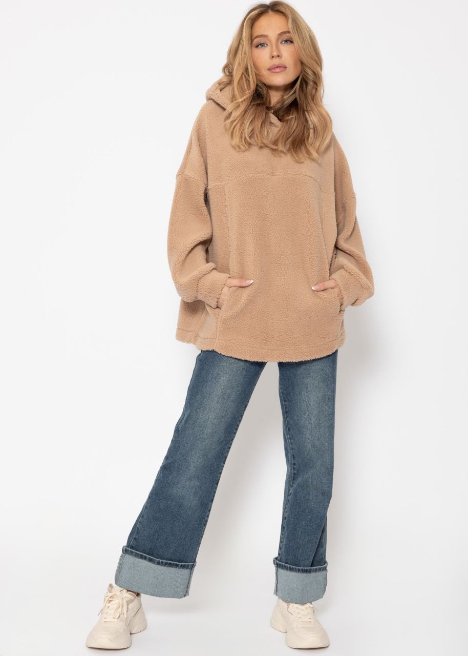 Oversized teddy sweatshirt with hood - beige