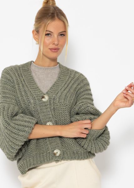 Jessica Haller Knitted cardigan with ribbed sleeves and button placket - khaki