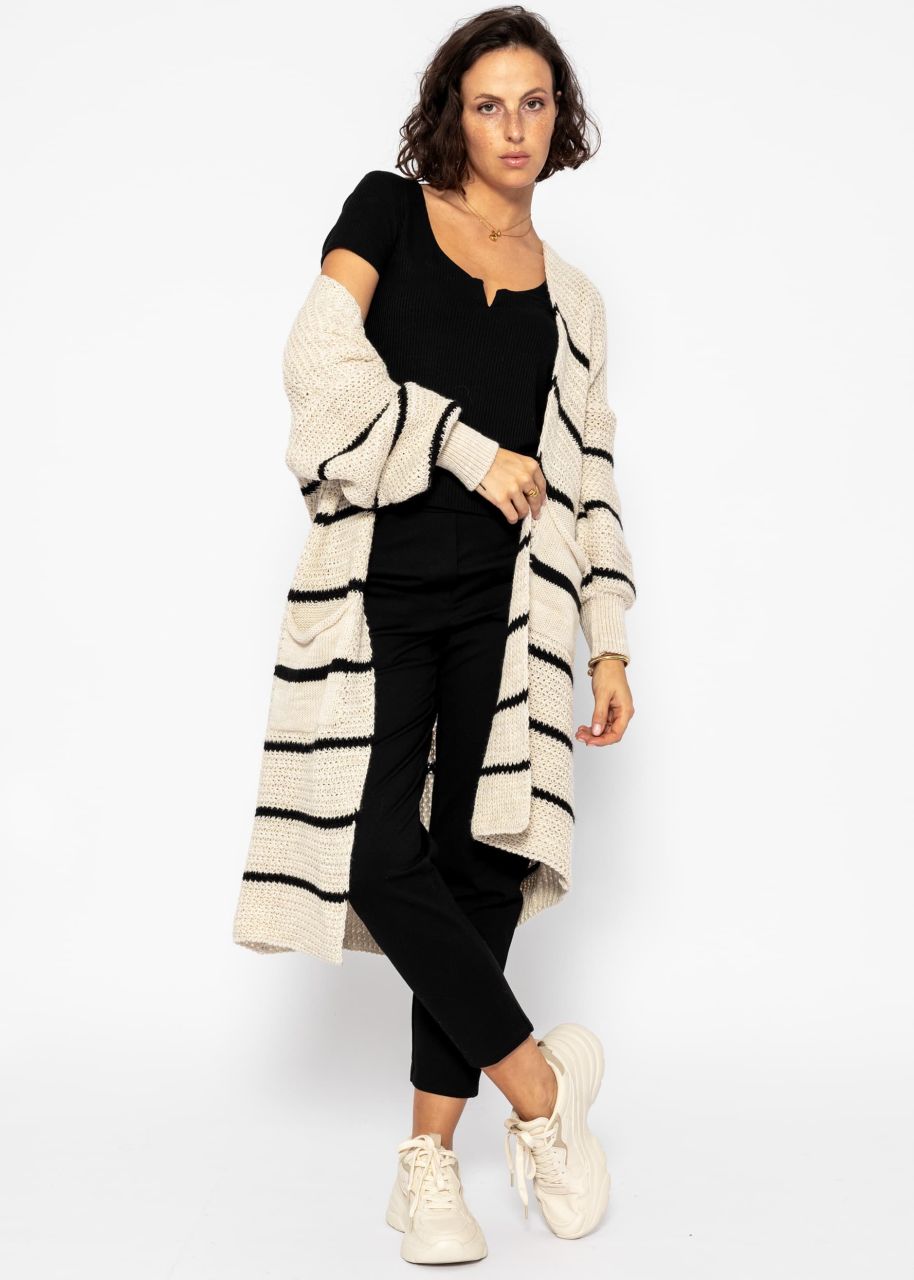 Long cardigan with stripes - beige-black