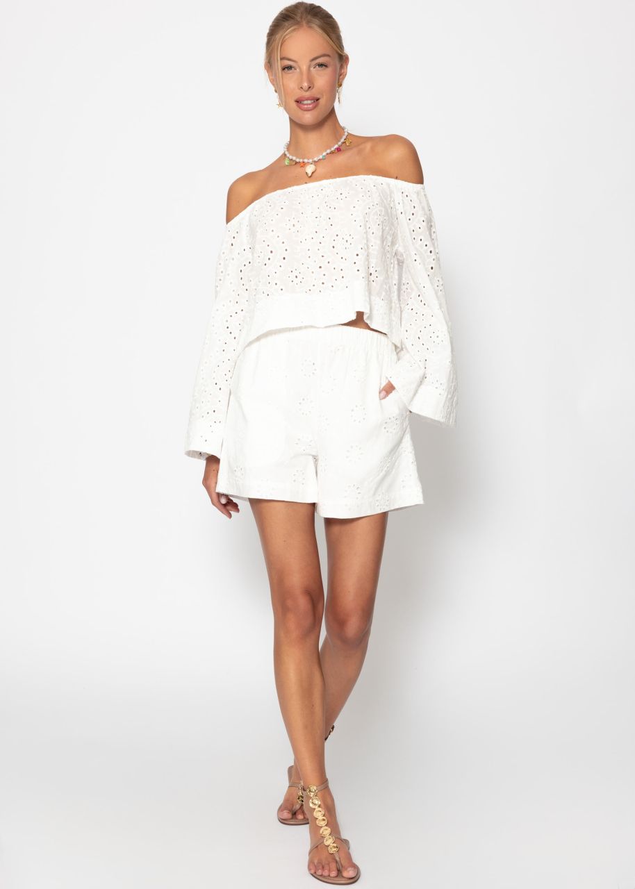 Off-the-shoulder long-sleeved top with eyelet embroidery - white