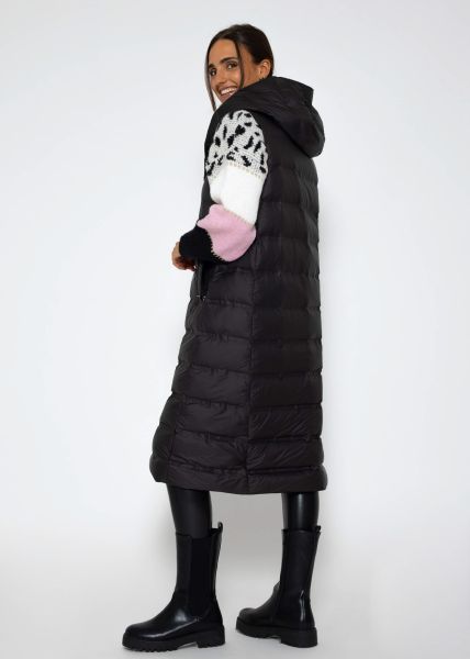 Long quilted waistcoat with hood - black