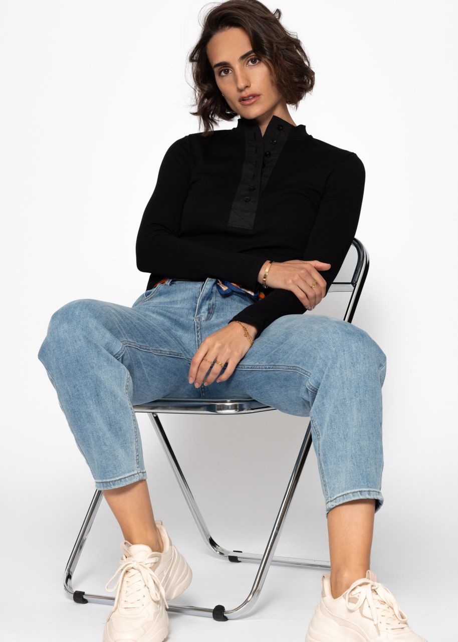 Long sleeve shirt with wide button placket - black