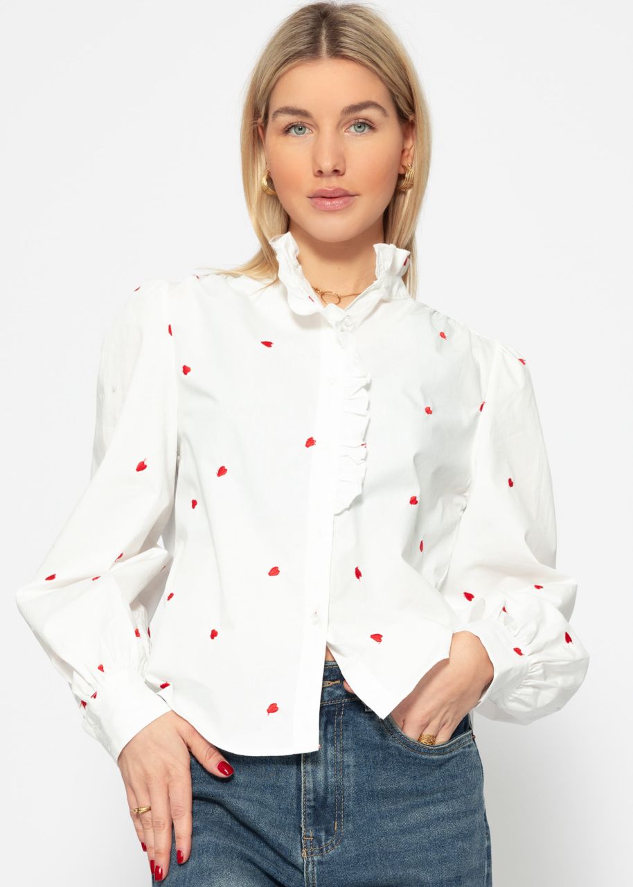 Blouse with red heart embroidery - white