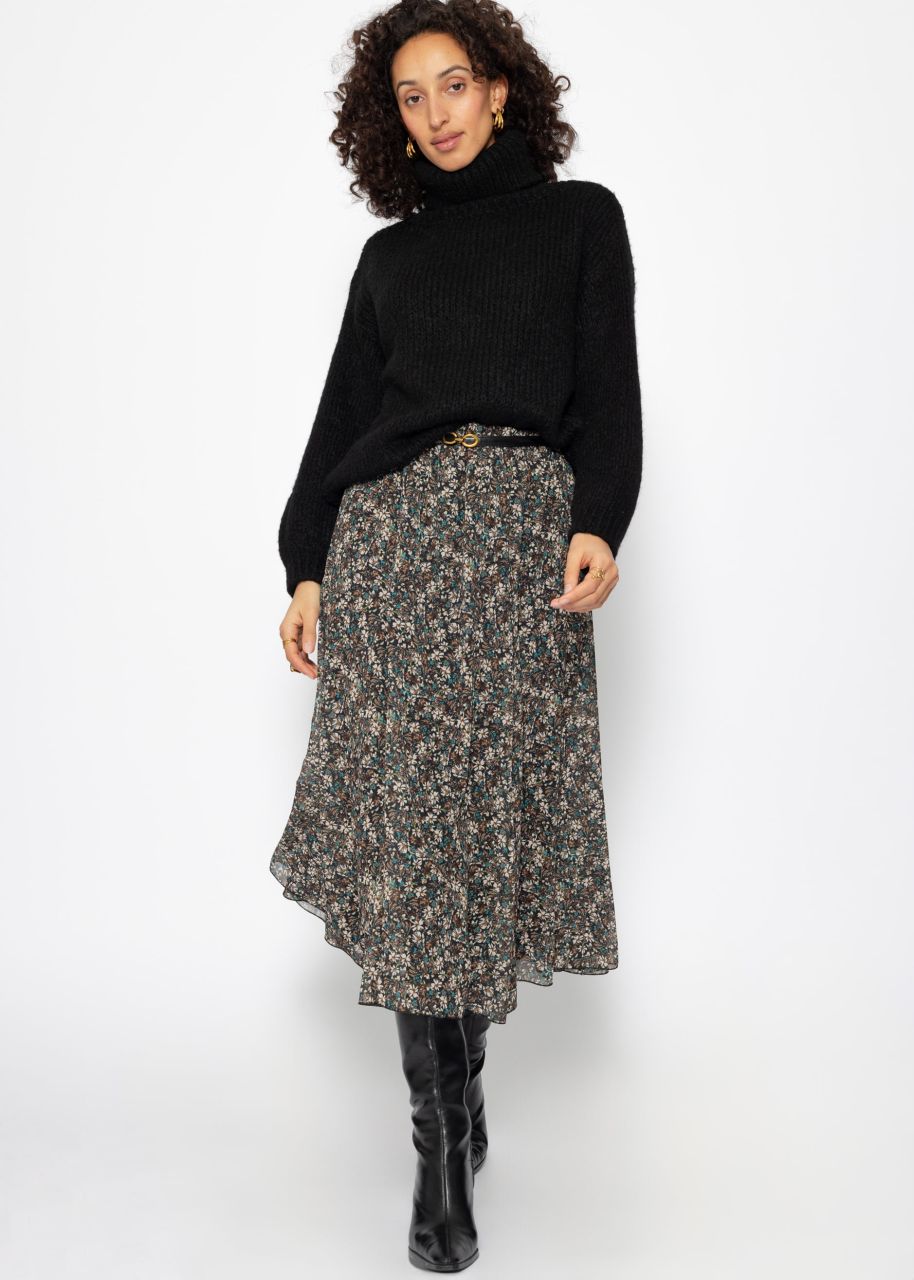 Long chiffon skirt with floral print - black