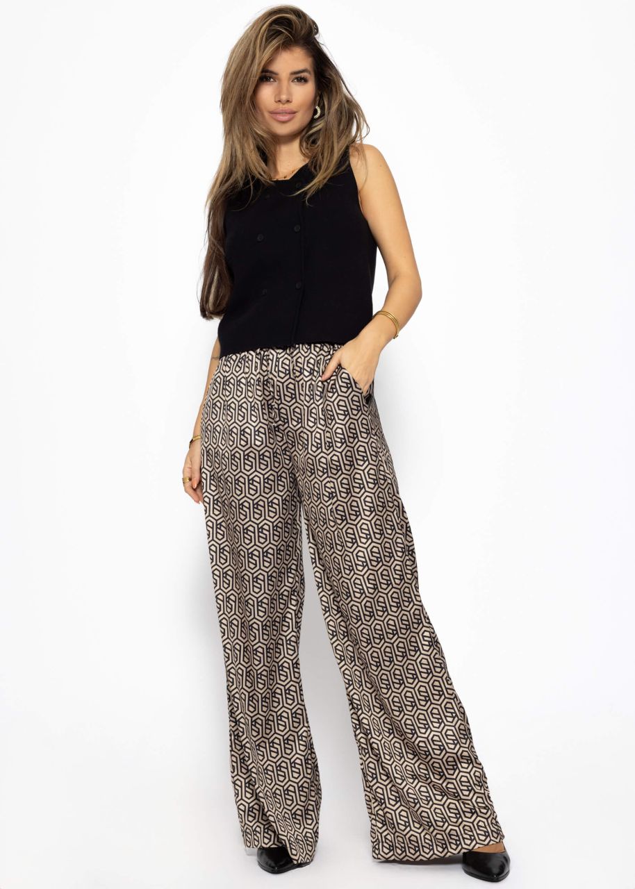 Wide trousers with geometric print and elastic waistband - beige