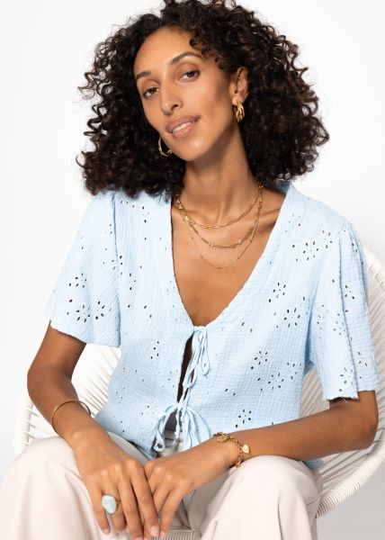 Muslin tie-up blouse with eyelet embroidery - light blue
