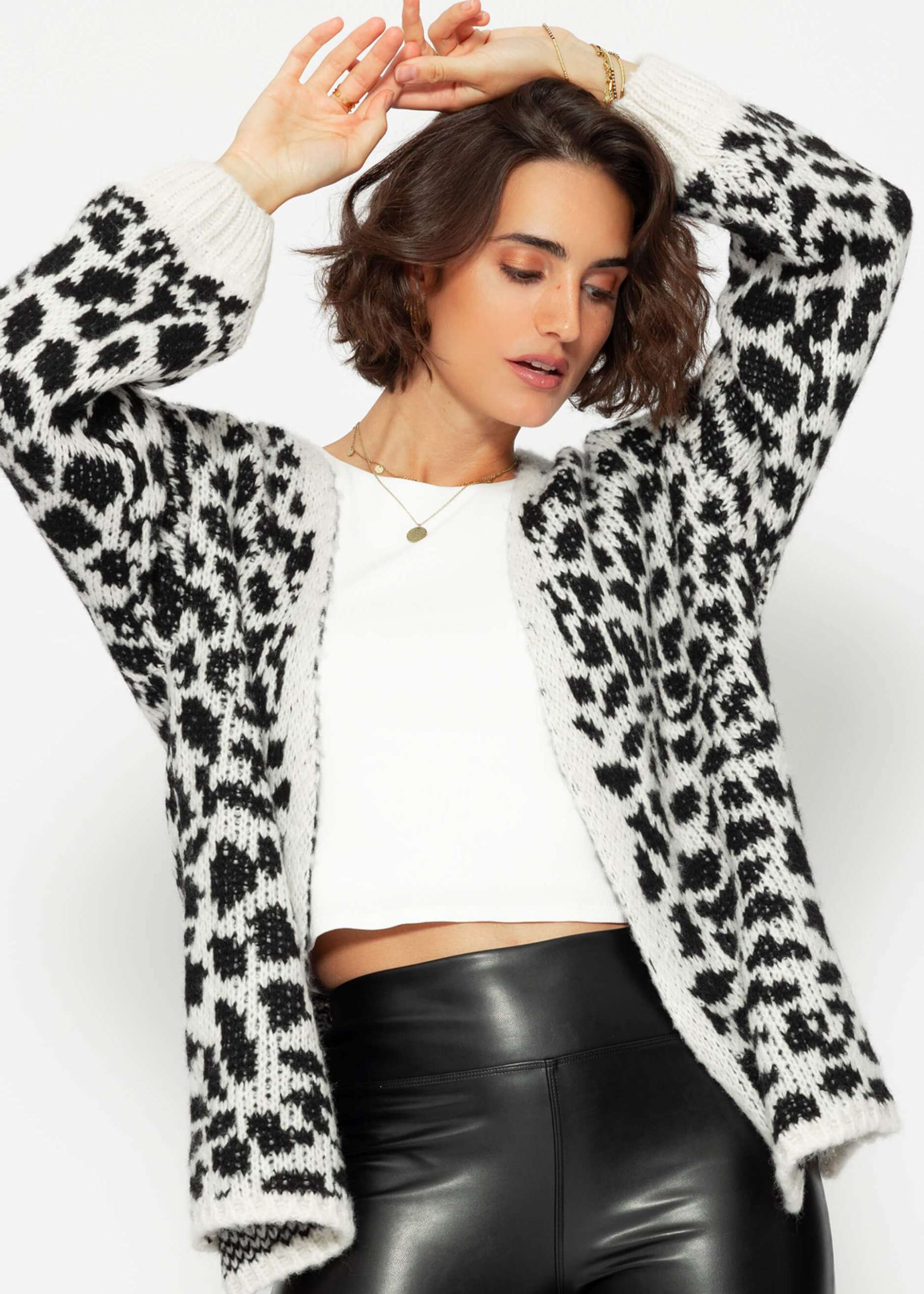 Cardigan with leo print - black-offwhite