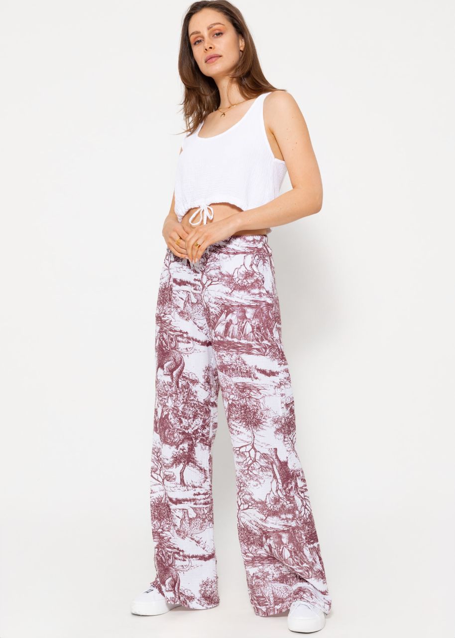 Muslin pants with wide leg and print - wine red