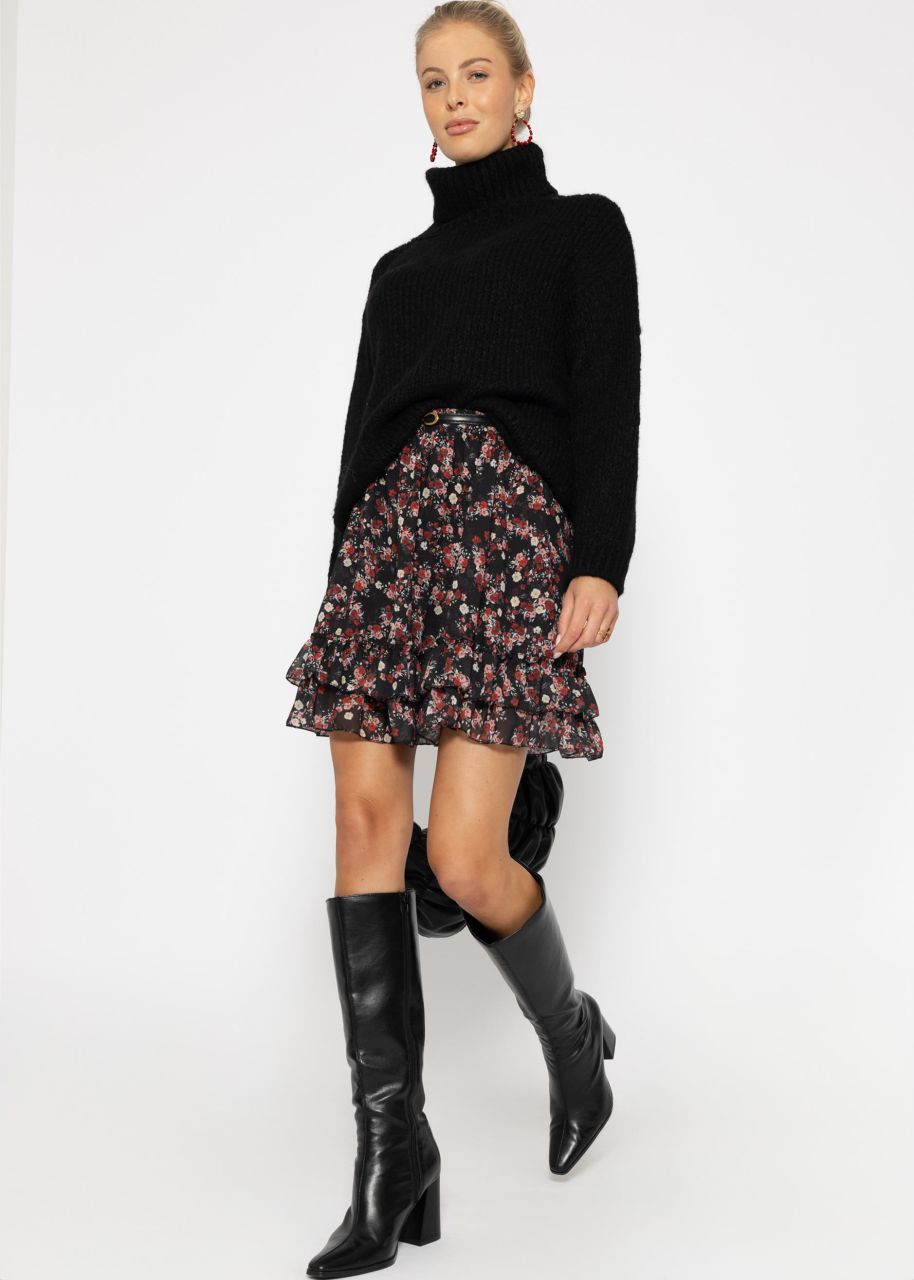 Flouncy skirt with ruffles and floral print - black