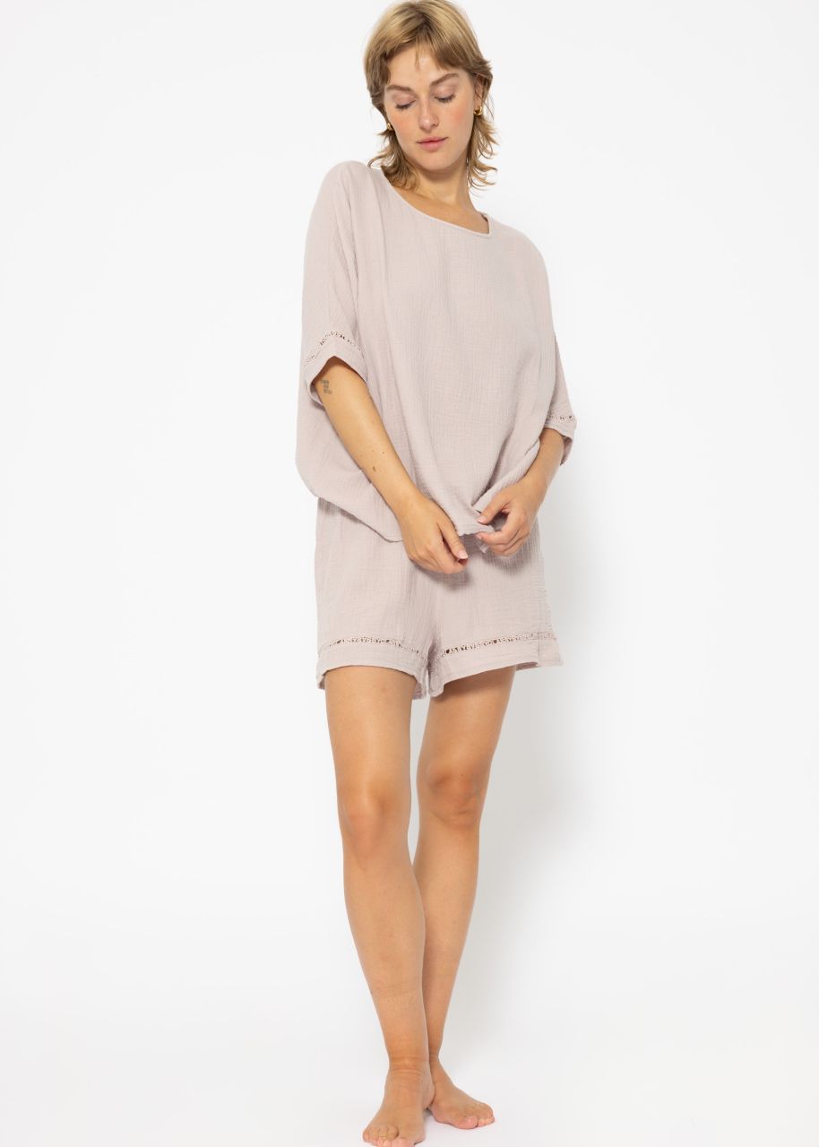 Muslin pyjama shorts with lace trim - dusky pink