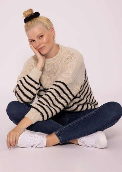 Knitted jumper with stripe pattern, beige-black