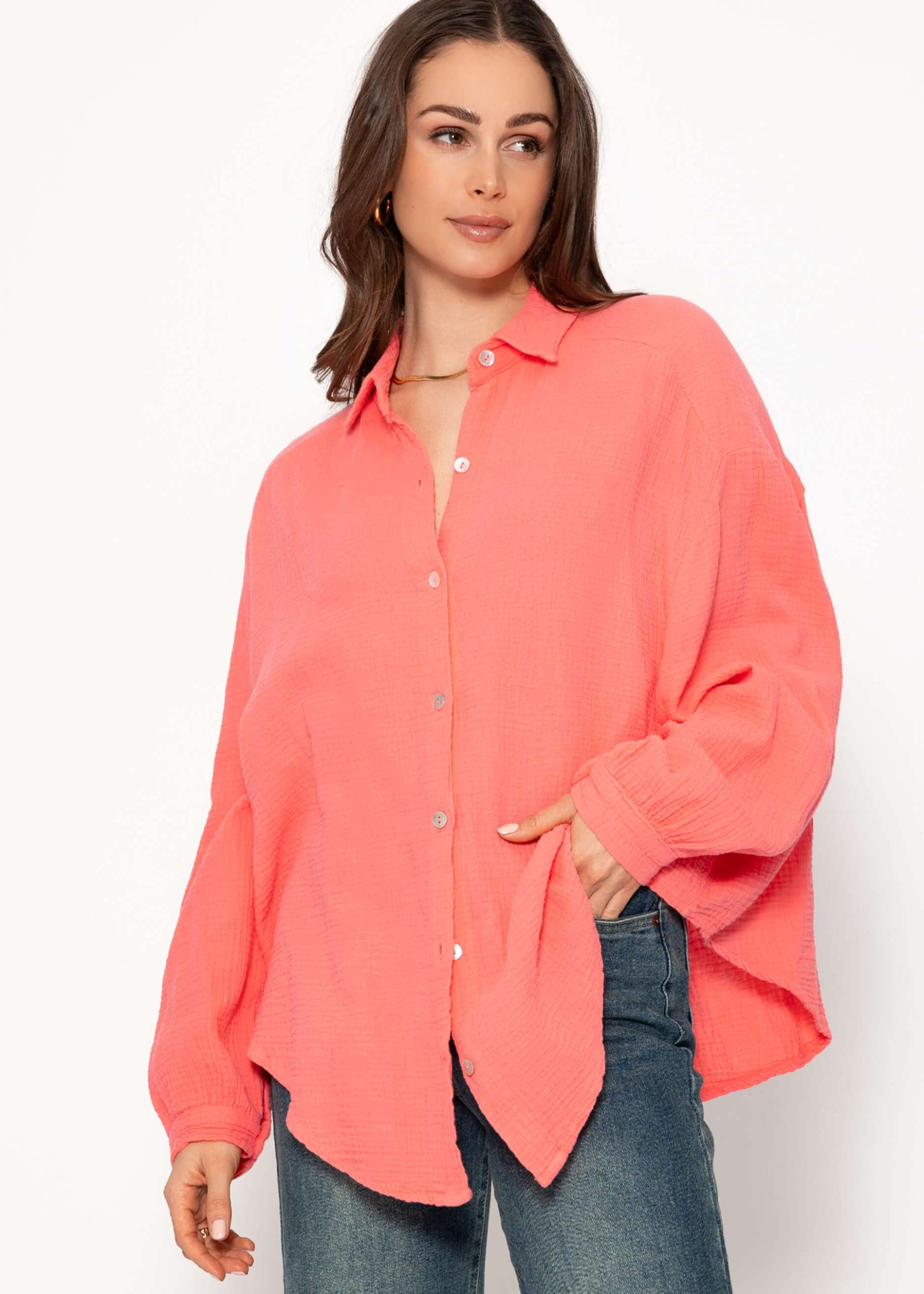 Muslin blouse oversize, short, coral