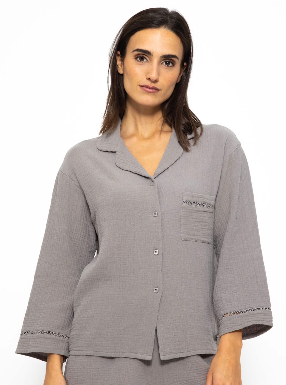 Muslin pyjama blouse with lace trim - taupe