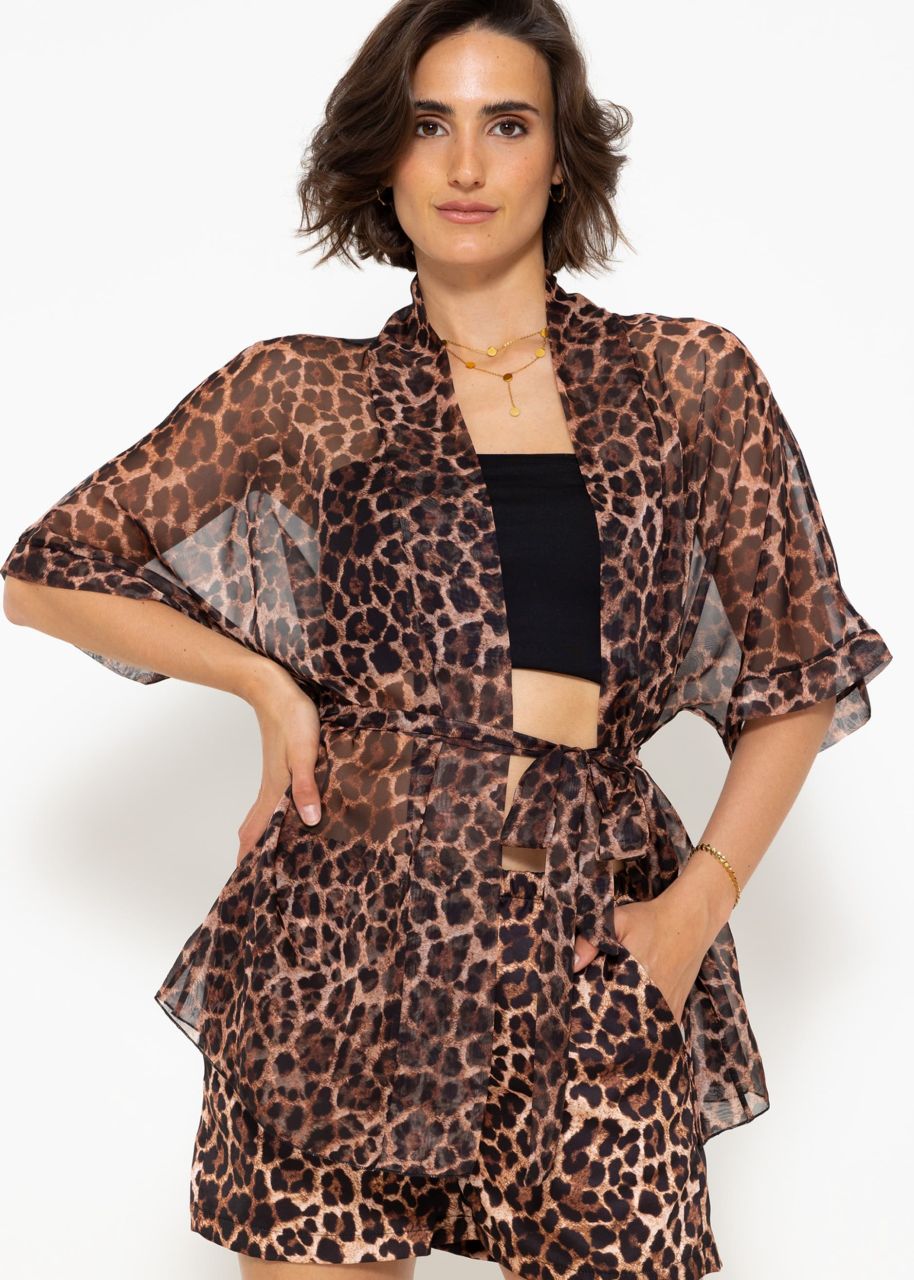 Transparent kimono with leo print - brown