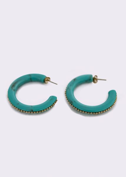 Creoles with gold colored beads, turquoise