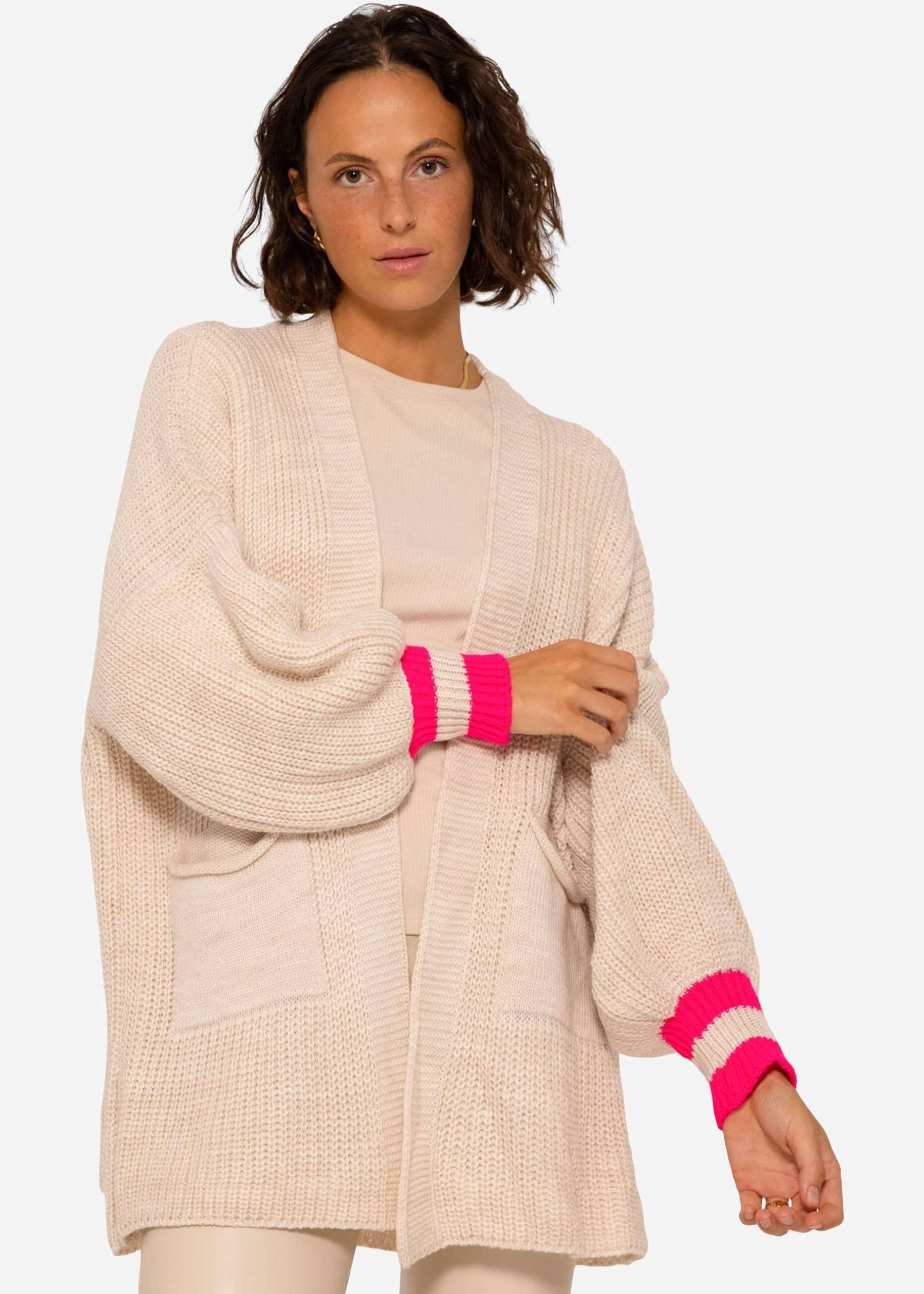 Knitted cardigan with pink stripes - beige