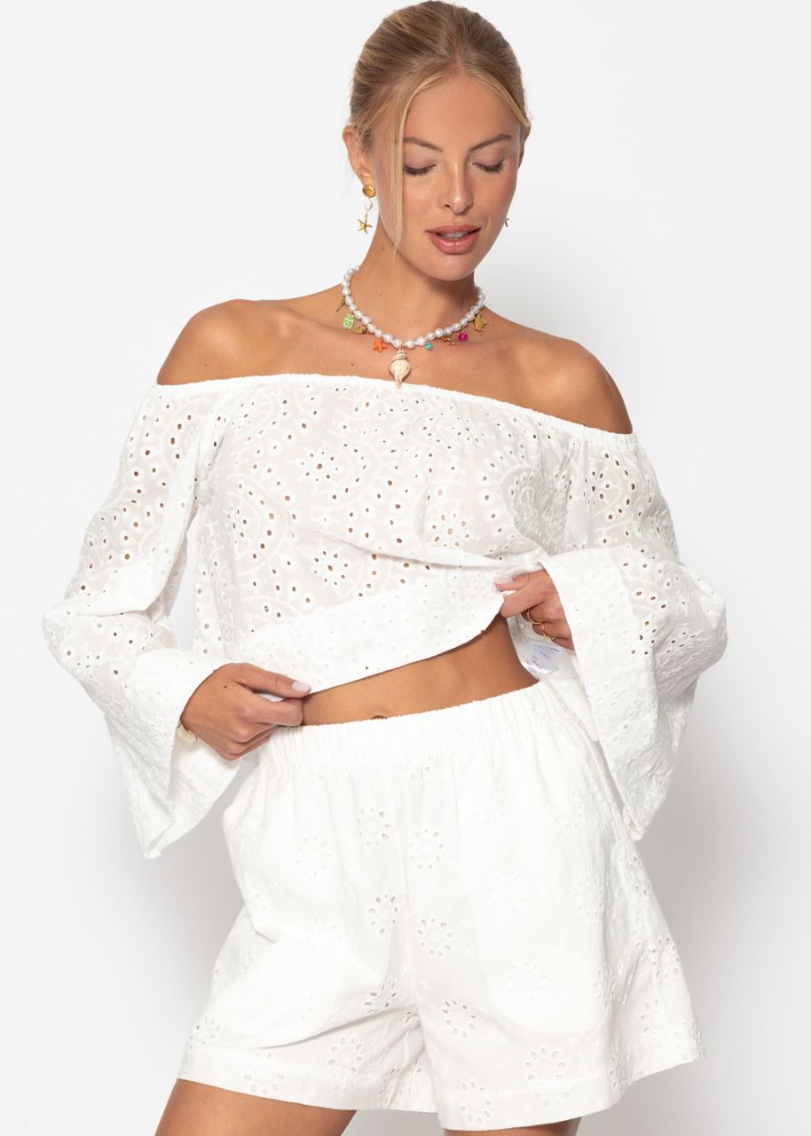 Shorts with eyelet embroidery - white