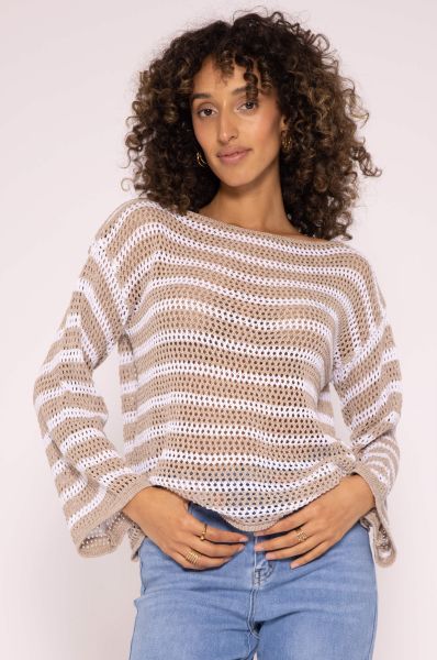Stripe Crochet Sweater, beige / white