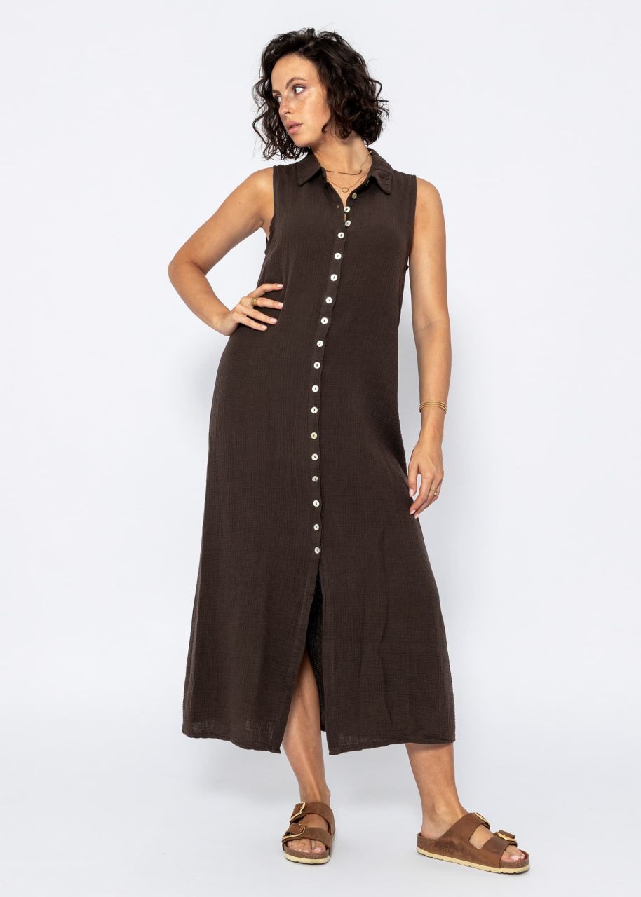 Long sleeveless muslin dress - espresso