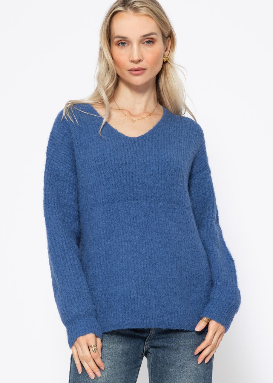 Ribbed jumper with V-neck - blue