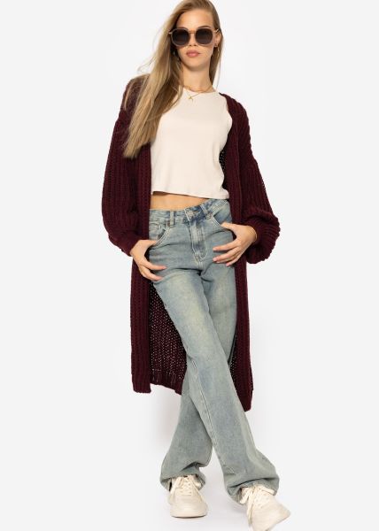 Ribbed long cardigan with balloon sleeves - burgundy