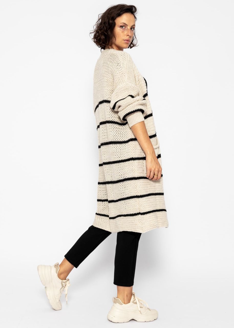 Long cardigan with stripes - beige-black