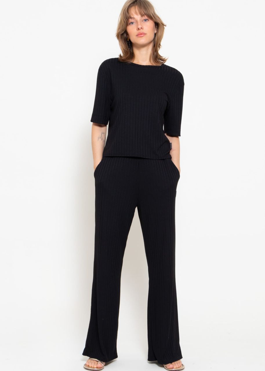 Wide, ribbed jersey trousers - black