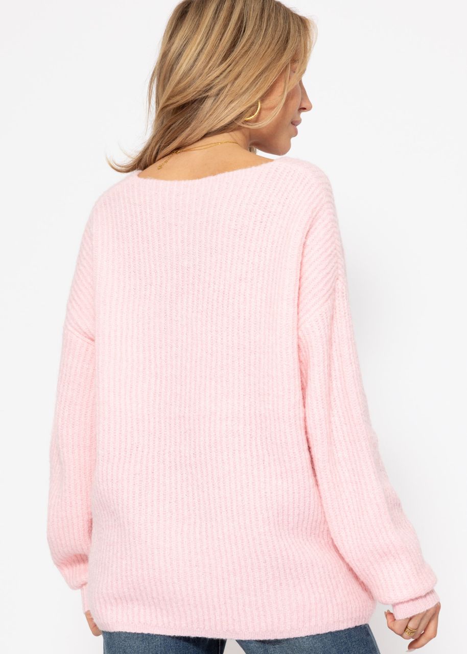 Ribbed jumper with V-neck - pink