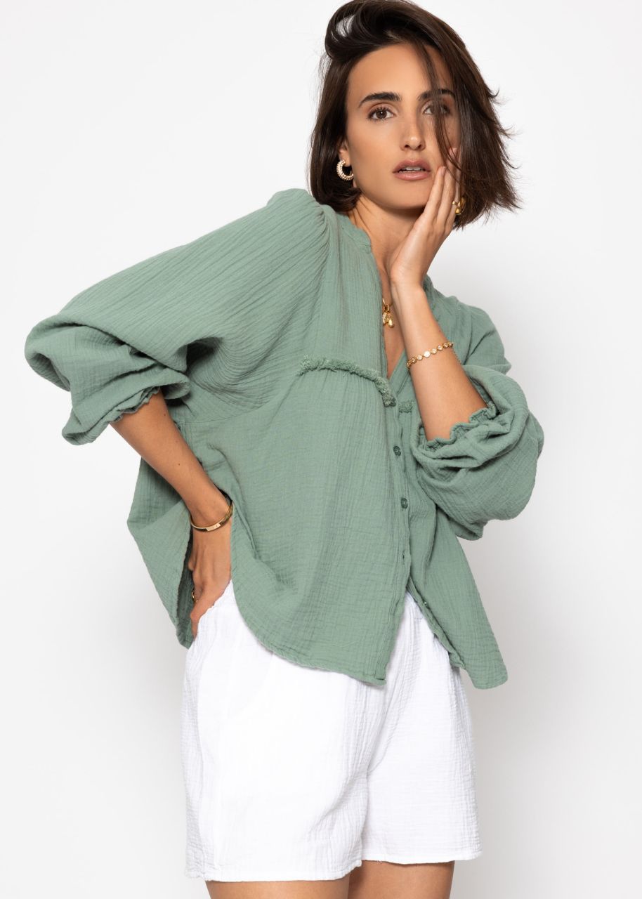 Muslin blouse with V-neck and fringes - sage green