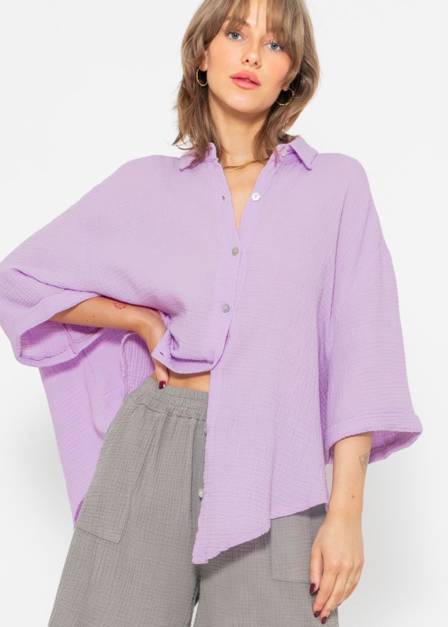 Muslin blouse oversize short sleeve, short, lilac