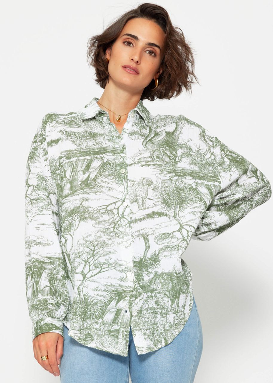 Muslin blouse with print, khaki