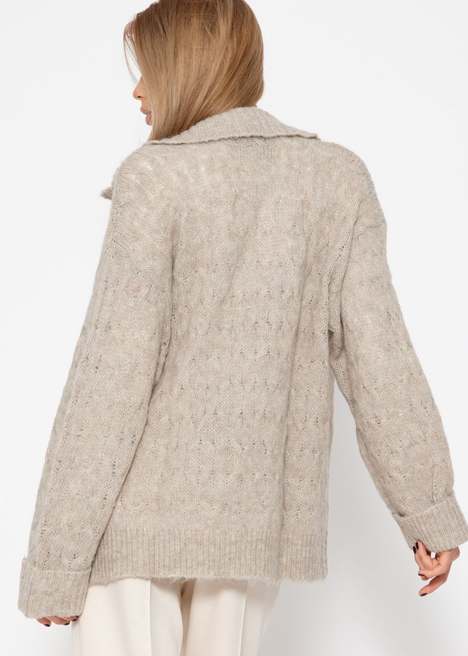 Fluffy cable-knit cardigan with collar - beige