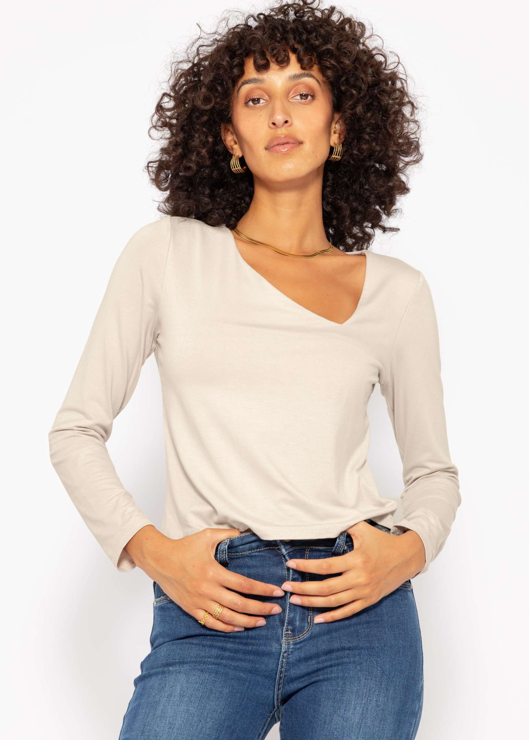 Long-sleeved shirt with asymmetric neckline - beige